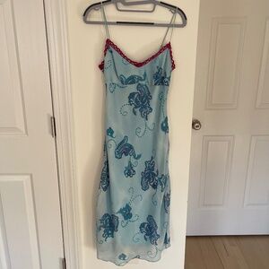 Vtg Heart Moon Star Blue Paisley Midi Dress Crochet Trim, Junior Small,  Y2K 90s